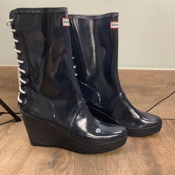 HUNTER BLUE VERBIER LACE UP RAIN BOOTS! Size 9/40-41 - Picture 1 of 7